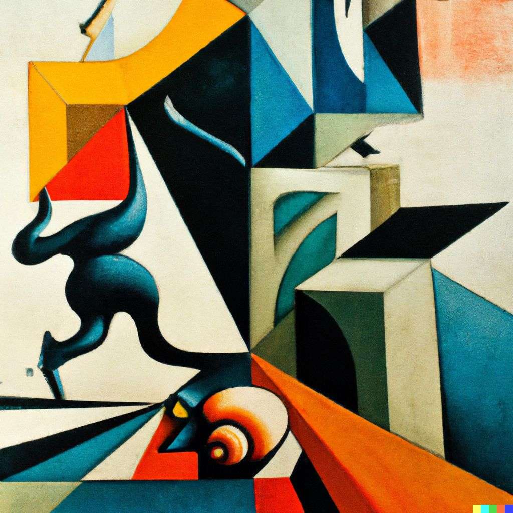 the discovery of gravity, painting, cubism style